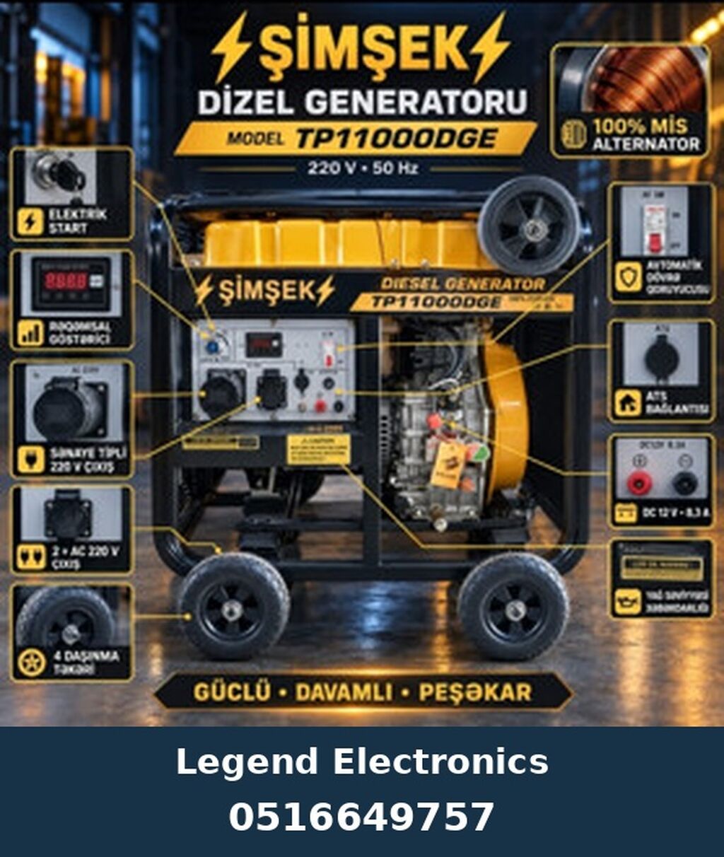 Elan başlığı: Dizel generator Şimşek, TP11000DGE, Dizel, 8,5 kVt, 220 — Generatorlar, Bakı