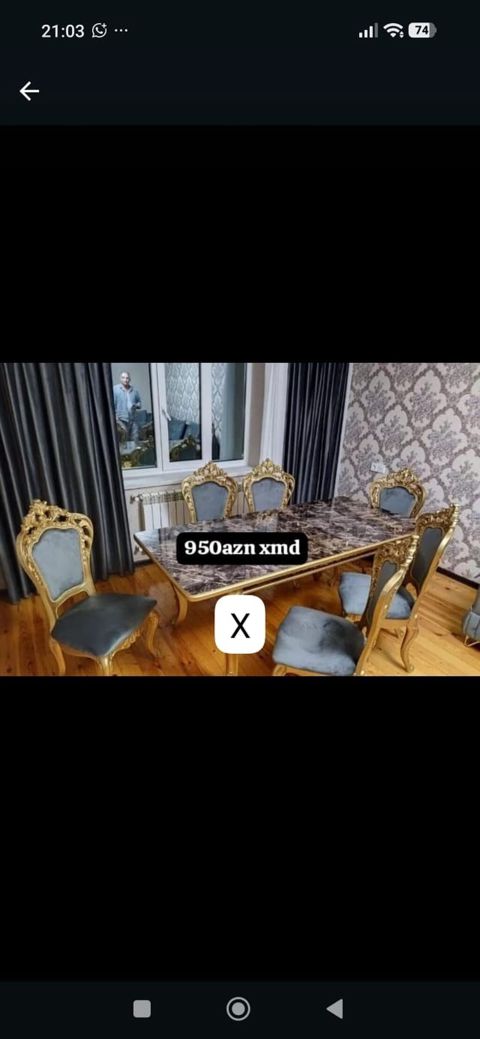 Klassik üslubda yemək otağı dəsti: 1 masa + 6 stul - Masa: mərmər — Bakı