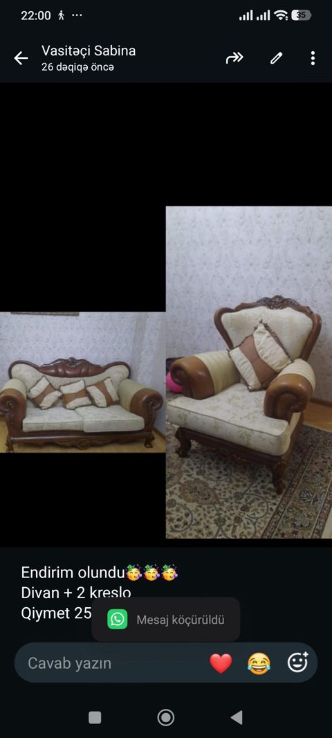 Endirim olundu Divan + 2 kreslo Qiymet 250azn Unvan — Bakı