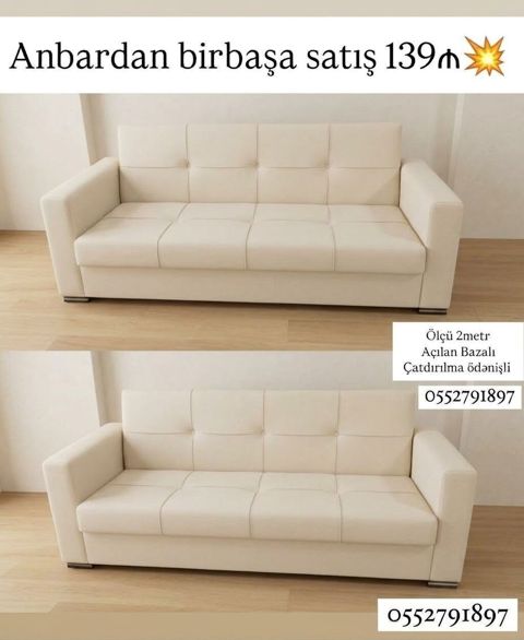 Açılan, bazalı krem rəng divan - Ölçü: 2 metr - Açılan mexanizm — Bakı