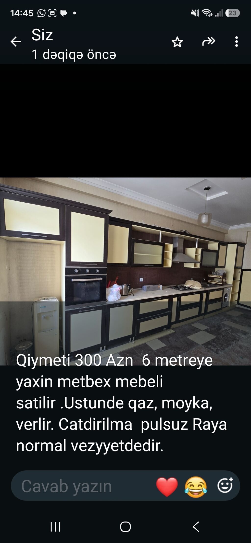 Mətbəx mebeli dəsti – təxminən 6 metr - Qiymət: 300 AZN (şəkildə — Mətbəx mobilyası, Sumqayıt