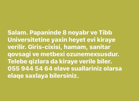 8 Noyabr metrosuna və Tibb Universitetinə yaxın həyət evi kirayə — Bakı