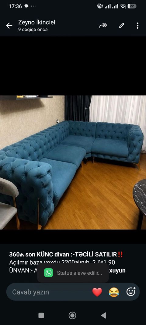 *360₼ son Künc divan Satılır*‼ Açılmır baza yoxdu 2200alınıb — Bakı