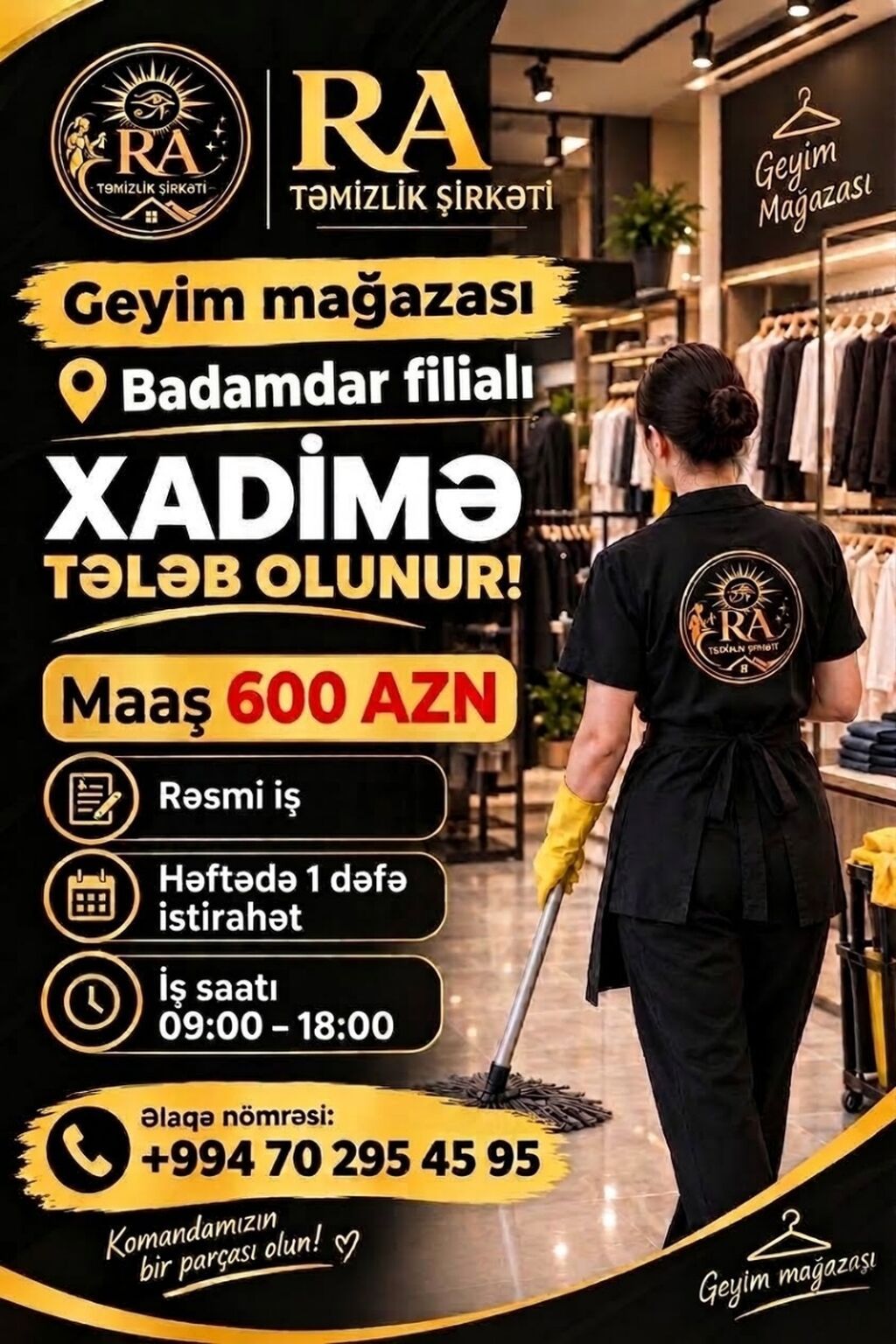 RA Təmizlik Şirkəti – Geyim mağazası üçün xadimə vakansiyası — Ev personali və təmizlik, Digah (2)