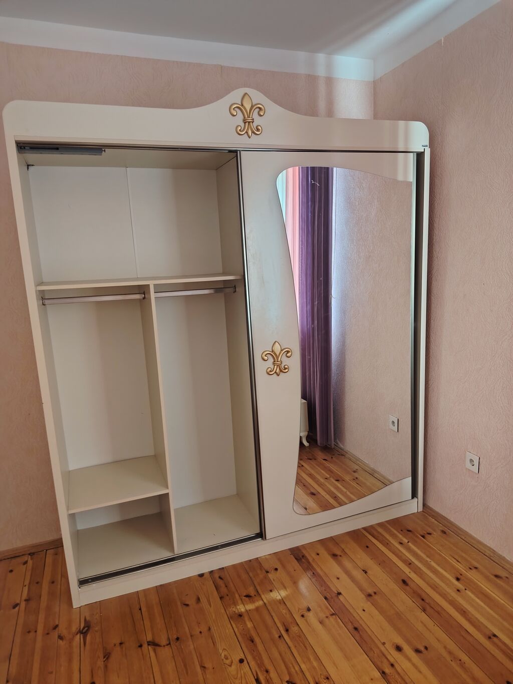 Güzgülü sürgülü qarderob - Rəng: krem/imber, bəzəklərdə qızılı — Şkaflar, Sumqayıt (2)