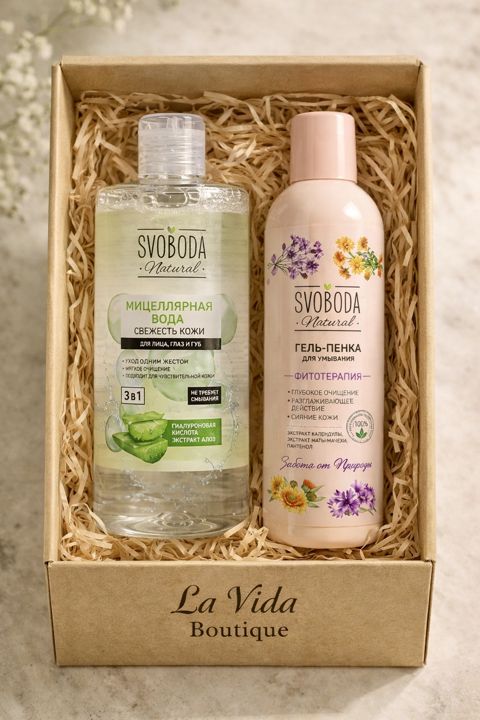 Üzə qulluq dəsti Svoboda (Misellyar su 430 ml + Yuyunma üçün gel- köpük 150 ml) — Bakı