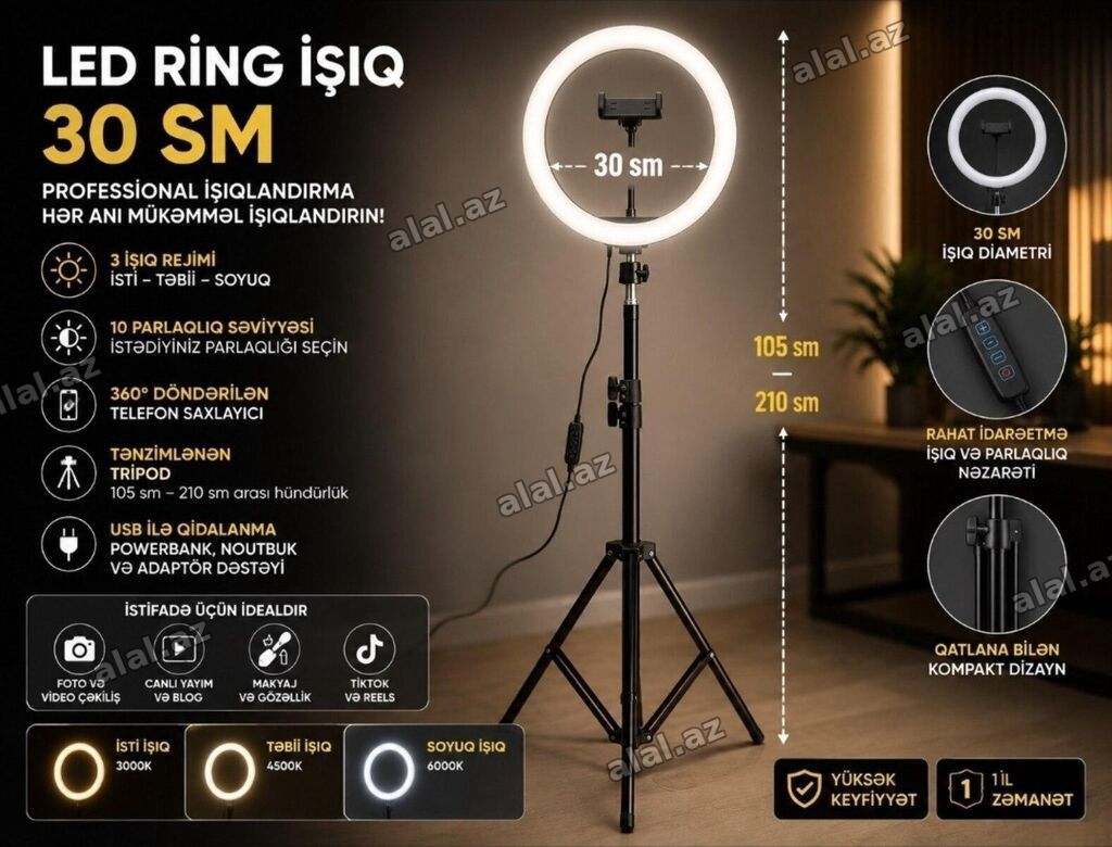 Led tripod Текст LED Rıng İşıq – 30 SM Foto və video çəkilişləri — Elektronika, Bakı