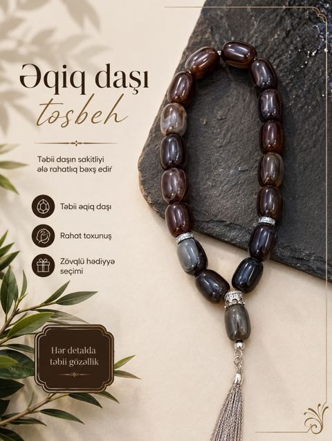 Təsbeh, qəhvəyi/gümüşü, əqiq, 200 mm — Bakı