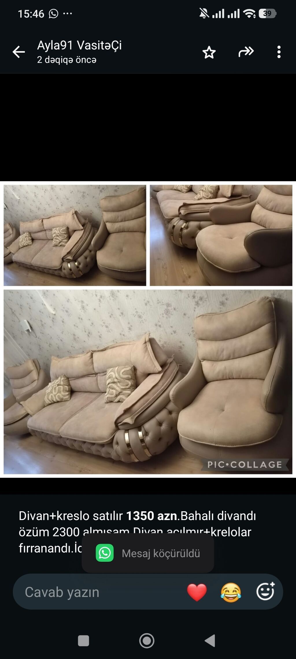 Divan+kreslo satılır *1350 azn*.Bahalı divandı özüm 2300 almışam.Divan — Yumşaq mobilya dəstləri, Bakı