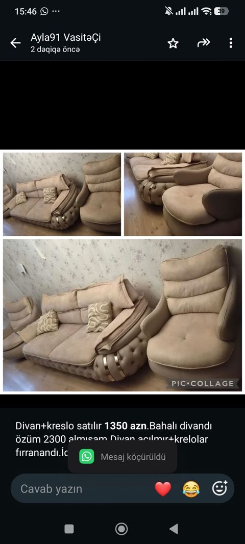 Divan+kreslo satılır *1350 azn*.Bahalı divandı özüm 2300 almışam.Divan — Bakı