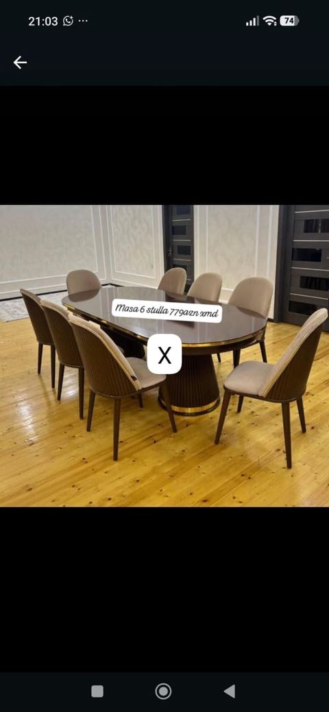 Yemək otağı dəsti – masa + 6 stul - Oval formalı, tünd parlaq səthli — Bakı