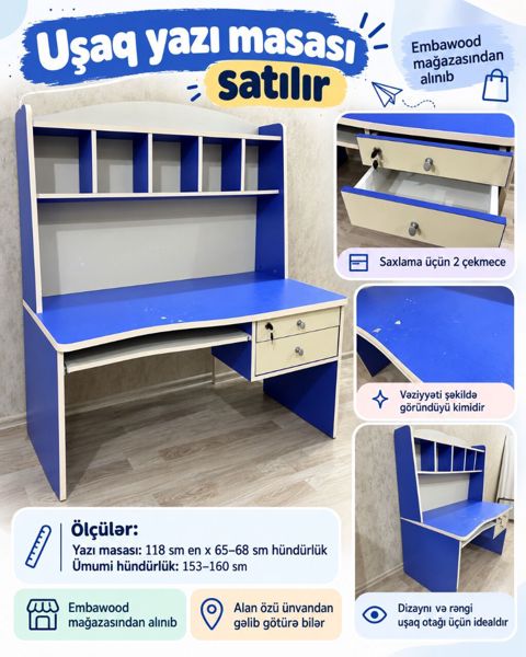 Oğlan və qız üçün, İşlənmiş, Siyirməli, Yazı masası, Stulsuz — Bakı