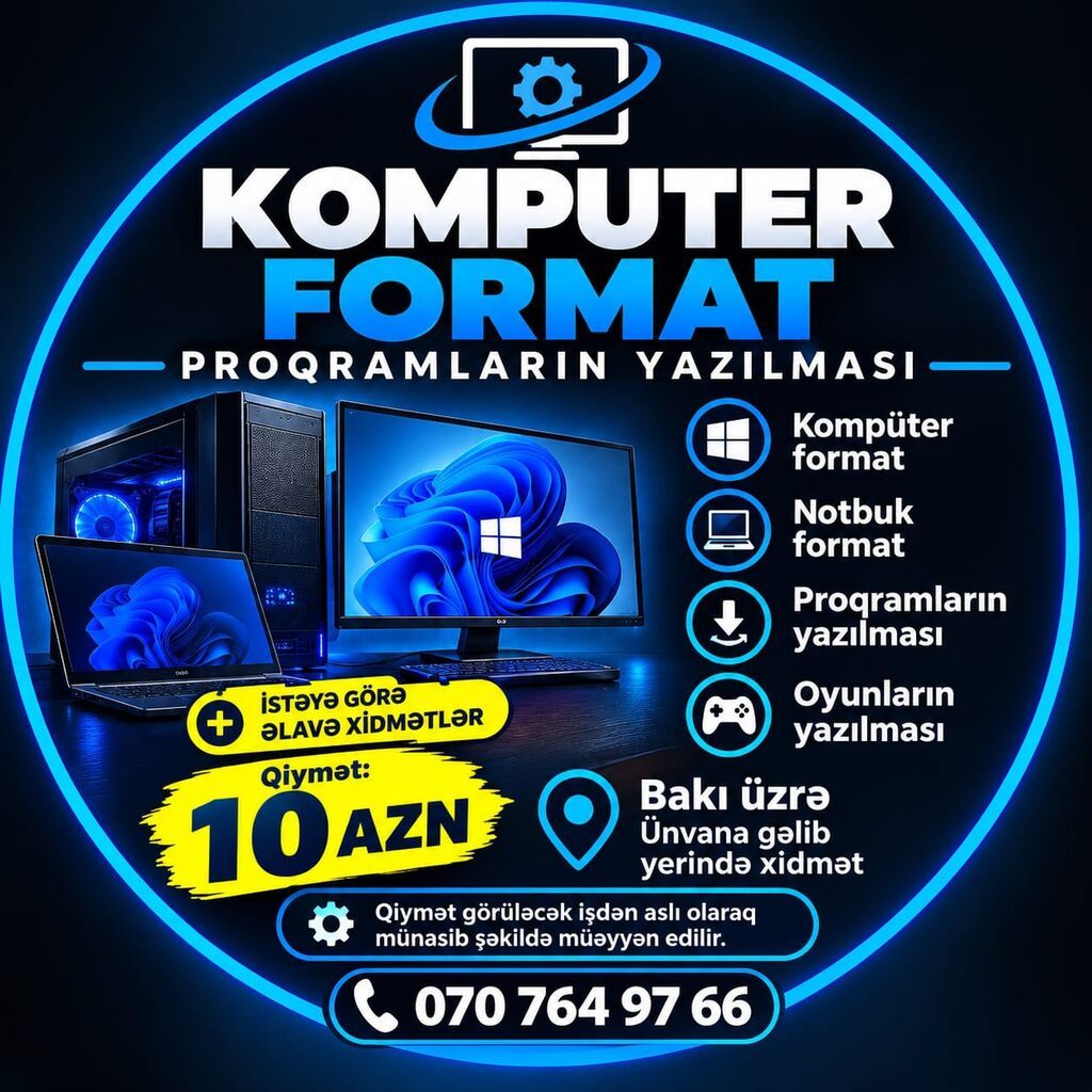 Xidmət: Kompüter və notbuk formatı, proqram və oyunların yazılması — Kompüter və noutbuk təmiri, Bakı