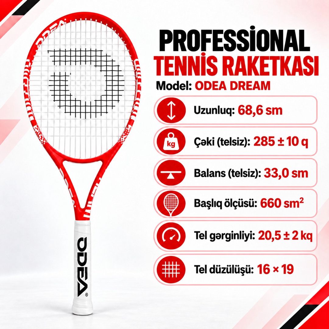 Tennis raketkası Odea, Qırmızı, Ağ, Böyüklər üçün, G2 — Mallar, Bakı