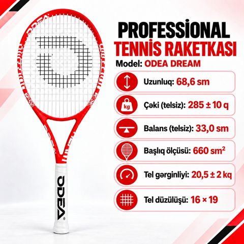 Tennis raketkası Odea, Qırmızı, Ağ, Böyüklər üçün, G2 — Bakı