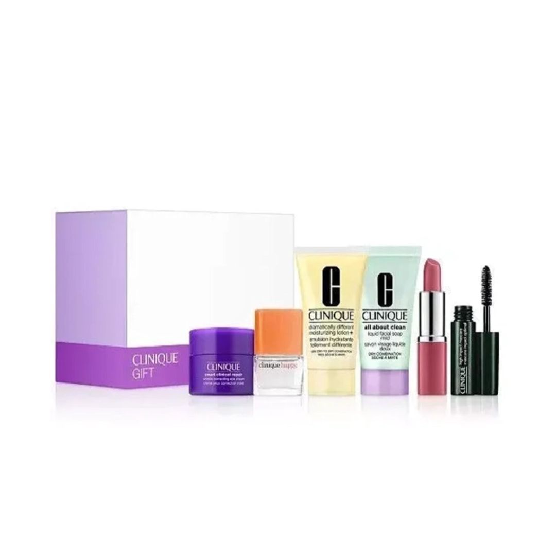 Dekorativ kosmetika dəsti Clinique (krem üz üçün 15 ml + ətir 4 ml + losyon 30 ml + üz yuma geli 30 ml + dodaq boyası 1.2 g + kirpik tuşu 3.5 ml) — Mallar, Bakı