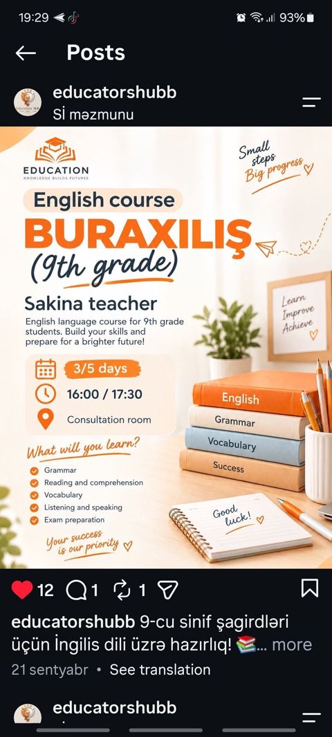 Xarici dil kursu, İngilis dili, Uşaqlar üçün, Abituriyentlər üçün — Bakı