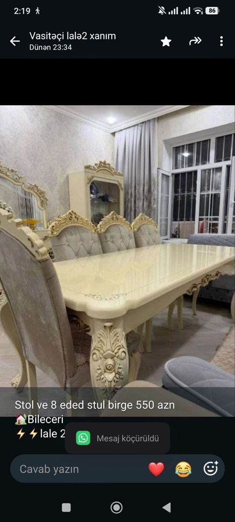 Stol ve 8 eded stul birge 550 azn Bileceri lale 2 kod 10 — Bakı