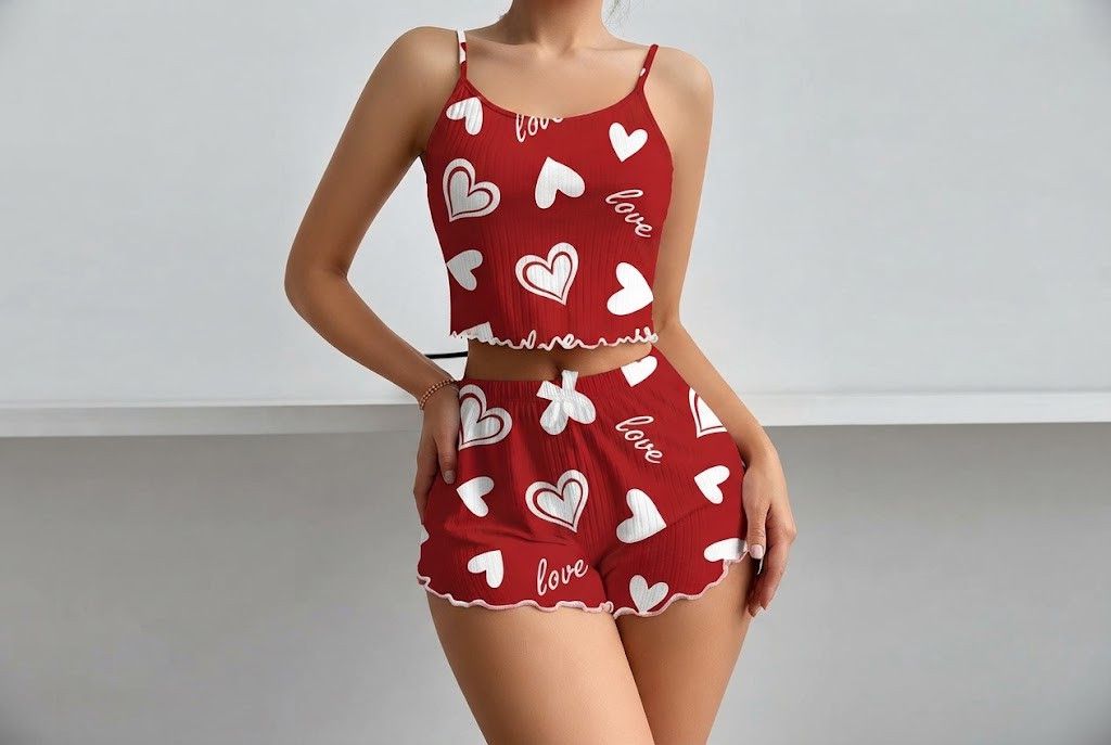 Qadınlar üçün şortlu pijama dəsti, Qırmızı, ağ ürəkli, Pambıq, ölçü M — Mallar, Bakı (2)