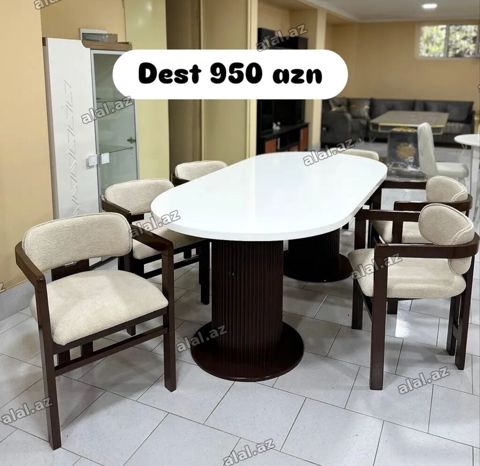 1.Yemək otağı dəsti - 1 ədəd oval formalı, parlaq ağ üstlü masa — Bakı