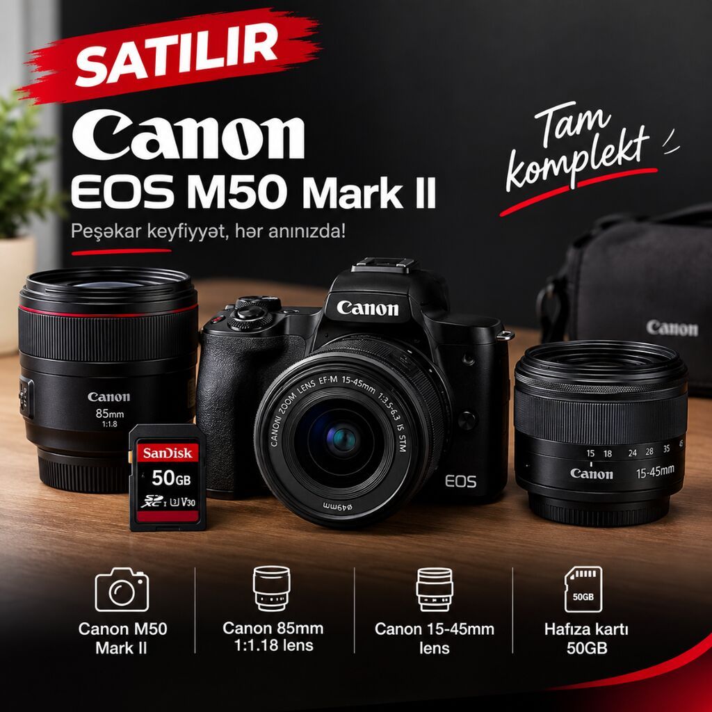 Canon m50 mark II ve iki eded lens Canon 85mm 1:1.18 lens Canon — Fotoaparat, Naxçıvan