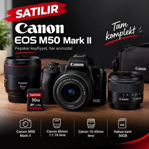 Canon m50 mark II ve iki eded lens Canon 85mm 1:1.18 lens Canon — Naxçıvan