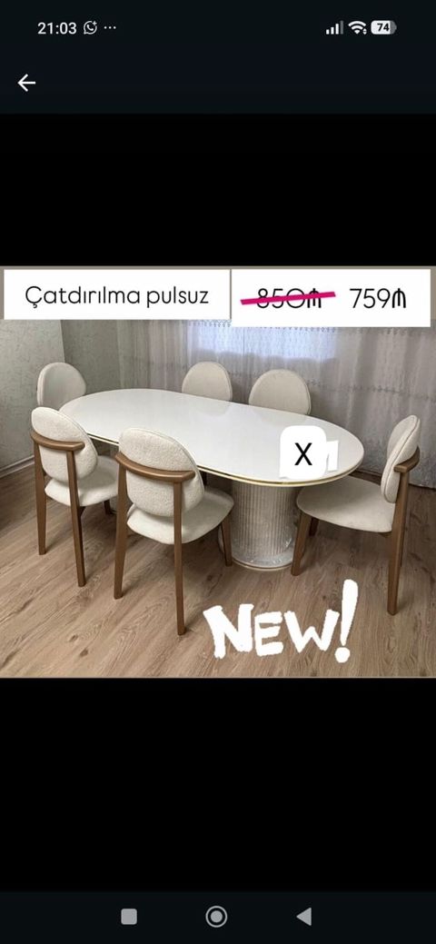 Oval formalı yemək dəsti – 1 masa + 6 stul - Masa: oval, parlaq ağ — Bakı