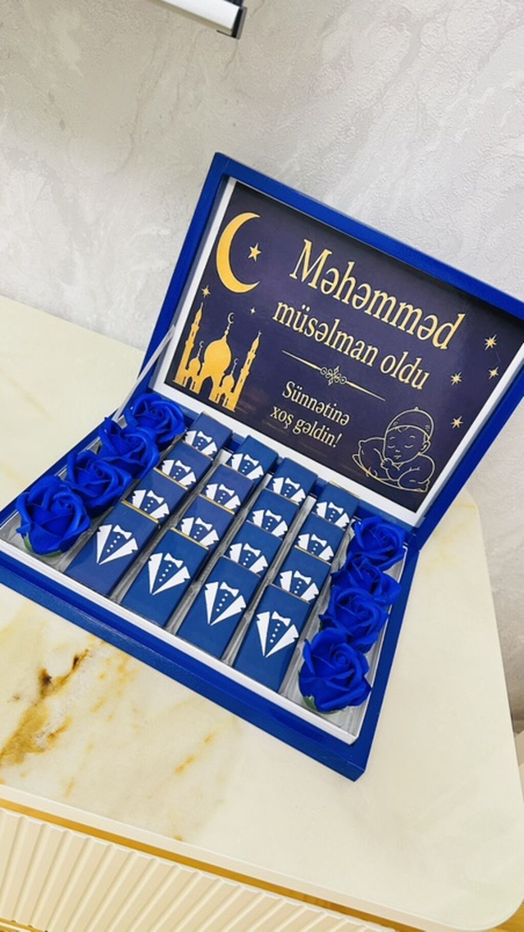 Sünnət mərasimi üçün hədiyyəlik şokolad dəsti - Mavi rəngli bərk — Bayram məmulatı, Masazır (6)