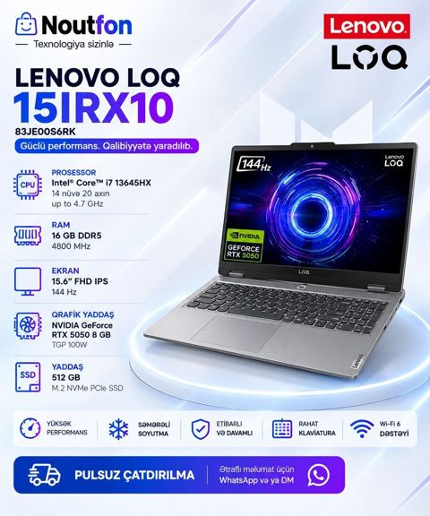 Yeni Lenovo LOQ, 15.6 Intel Core i7, 512 GB, Ünvandan götürmə — Bakı