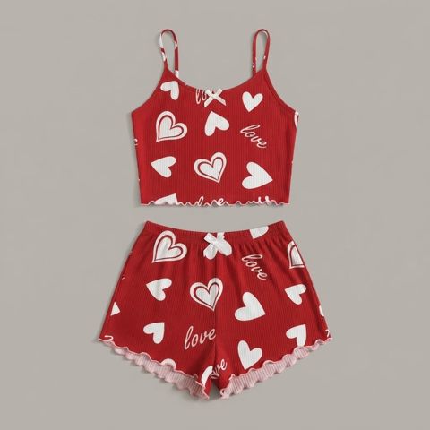 Qadınlar üçün şortlu pijama dəsti, Qırmızı, ağ ürəkli, Pambıq, ölçü M — Bakı