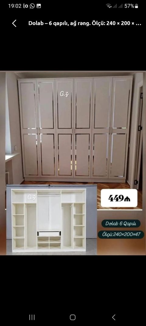 Ağ rəngdə, 6 qapılı geyim dolabı. Ölçü: 240 200 47 sm. Daxili — Bakı
