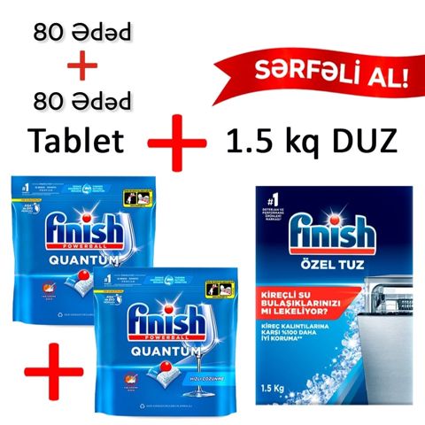 Qabyuyan maşın üçün həblər Finish Quantum 80 + 80 ədəd və duz Finish 1.5 kq - HomeM-482x2n2+duz — Bakı
