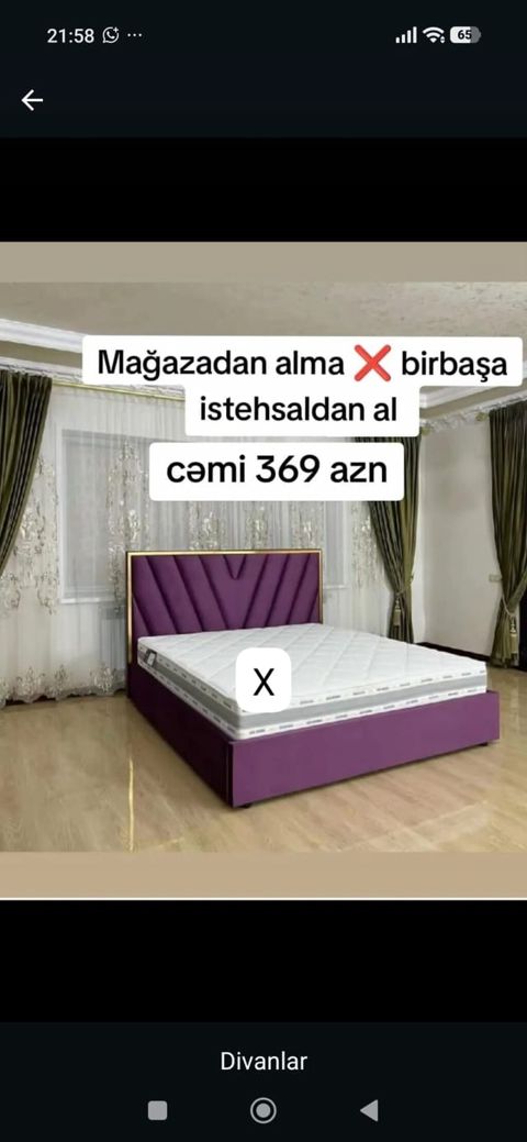 Mebel dəsti – taxt çarpayı - Rəng: bənövşəyi (qızılı haşiyəli başlıq) — Bakı