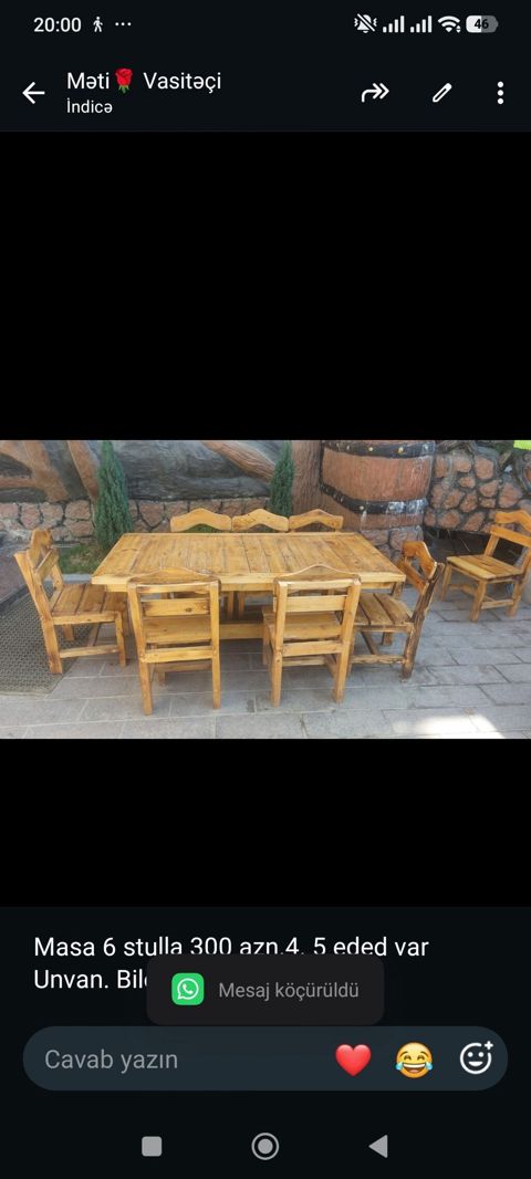 Masa 6 stulla 300 azn.4. 5 eded var Unvan. Bileceri. Məti 1008 — Aişə Xanım