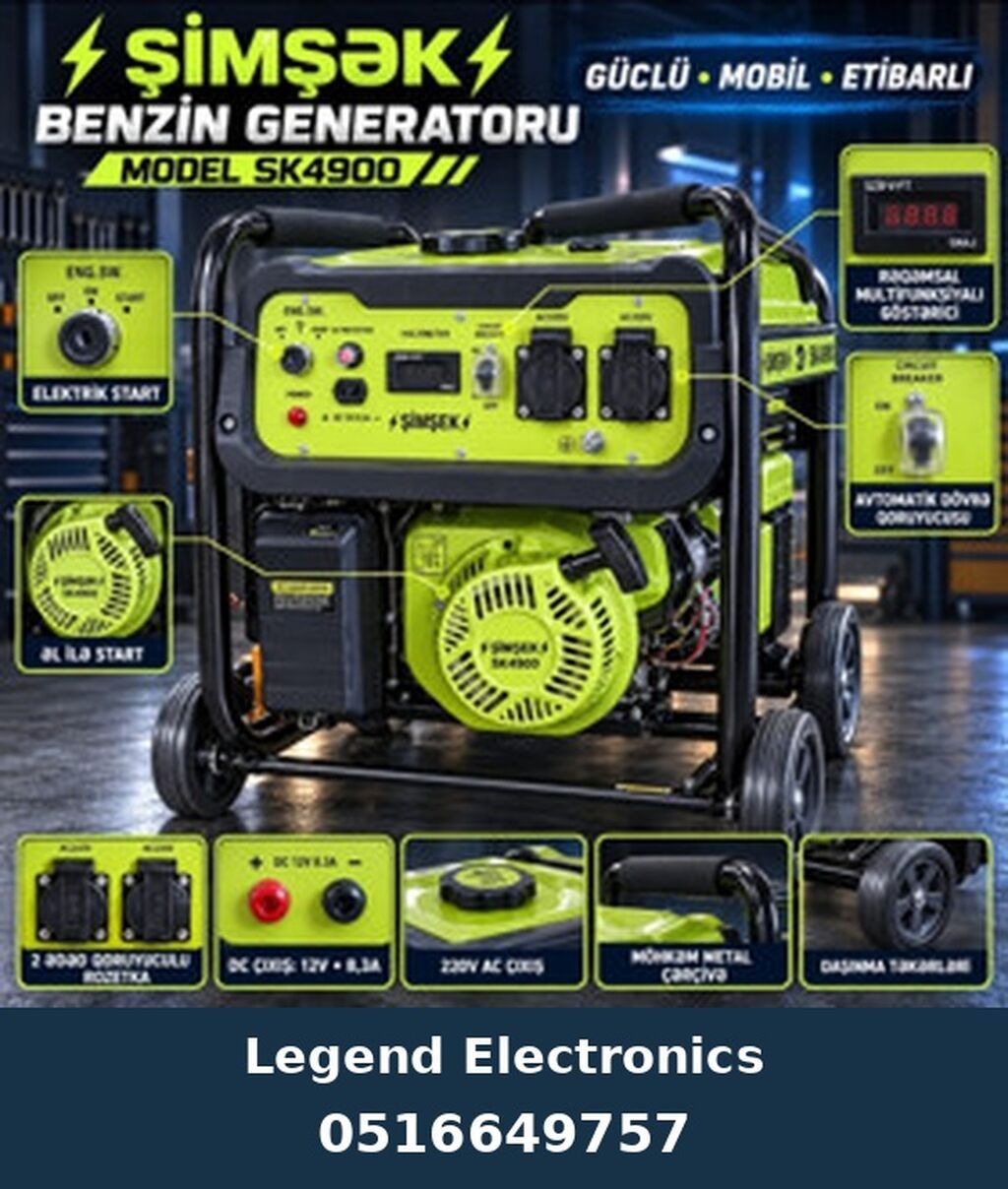 Elan başlığı: Benzin generatoru Şimşek, SK4900, Benzin, 3,5 kVt, 220 V — Generatorlar, Bakı