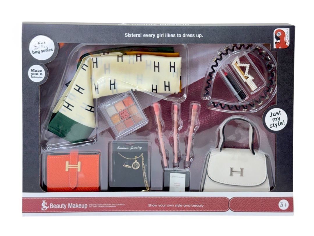 Aksesuar dəsti qızlar üçün Andina Beauty Makeup Hermes (saç üçün çənbər + yaylıq + pul kisəsi + eynək + çanta + saat + pomada + kölgələr + zəncir) — Mallar, Bakı