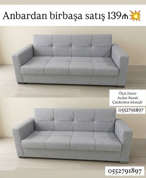 Boz rəngli, müasir dizaynlı açılan-bazalı divan. Xüsusiyyətlər — Bakı