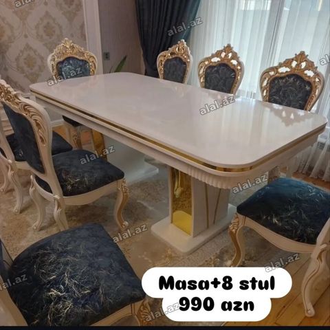 1.Klassik üslubda yemək dəsti – masa və 8 stul. - Masa: Parlaq ağ üst — Bakı