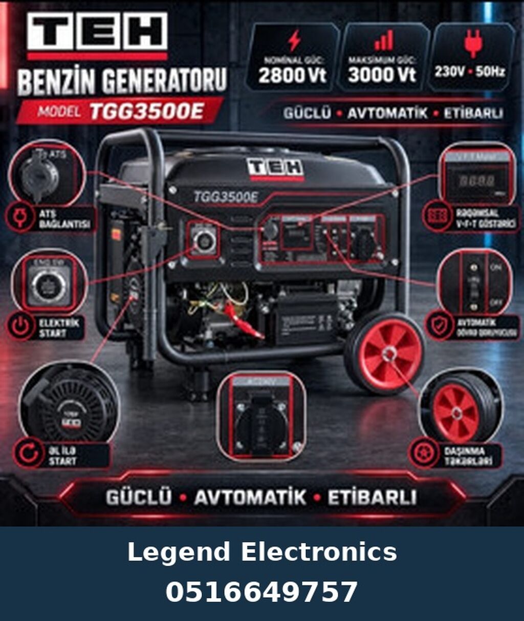 Elan başlığı: Benzin generatoru TEH TGG3500E, Benzin, 2,8 kVt, 230 V — Generatorlar, Bakı