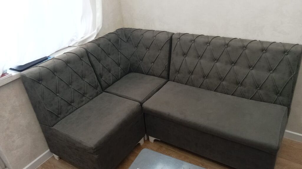 Künc yumşaq mebel dəsti – tünd boz rəngdə, klassik kapitone (romb — Yumşaq mobilya dəstləri, Bakı (2)