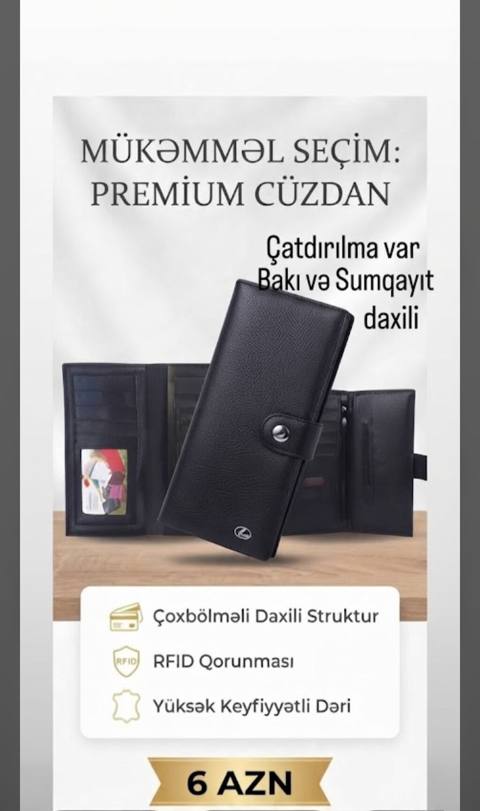 Premium kişi cüzdanı - Material: yüksək keyfiyyətli dəri - Rəng: qara — Bakı