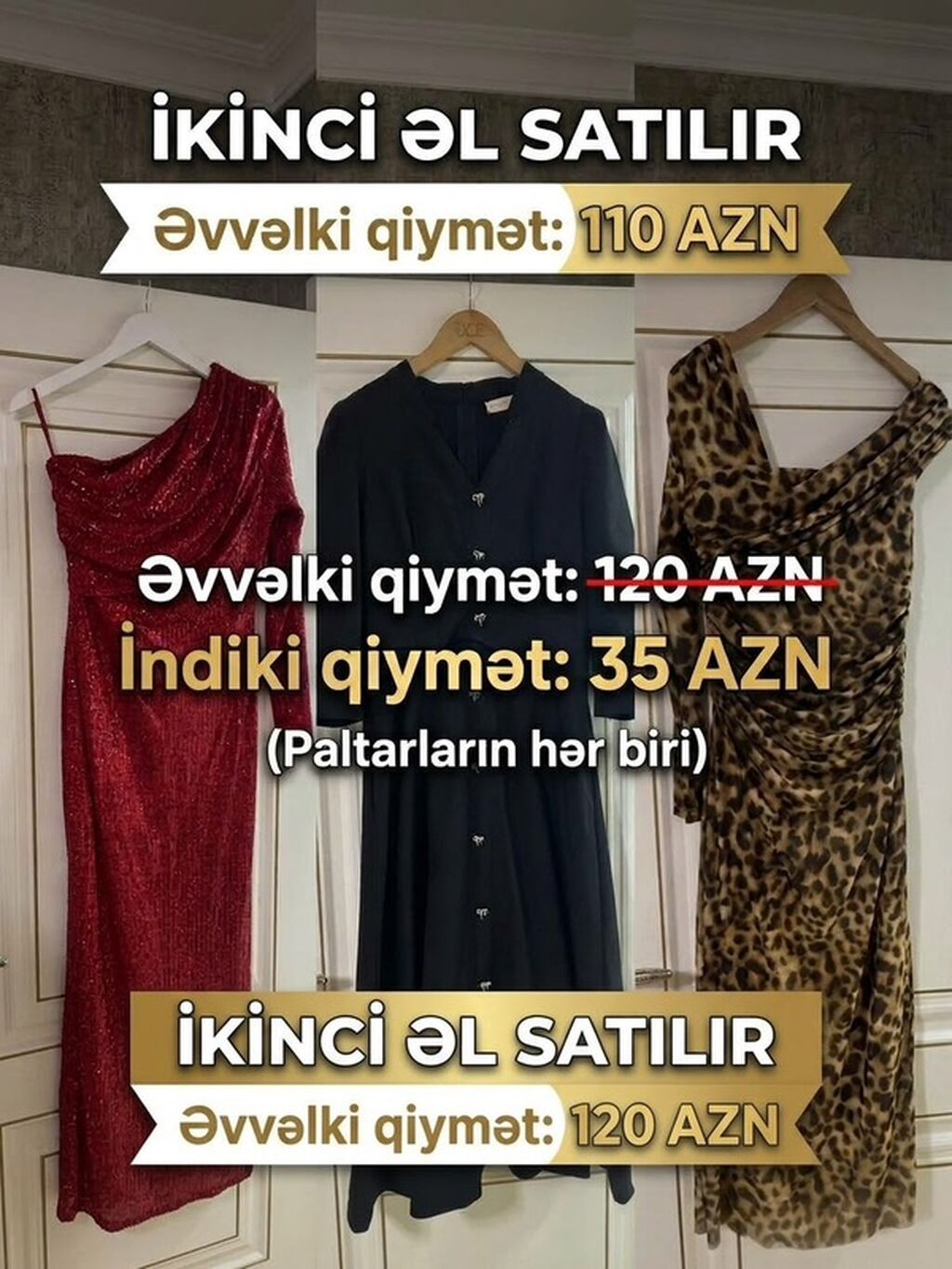 Məhsul: Qadın geyimləri – 3 fərqli don (ikinci əl) Təsvir: - Qırmızı — Axşam paltarları, Digah