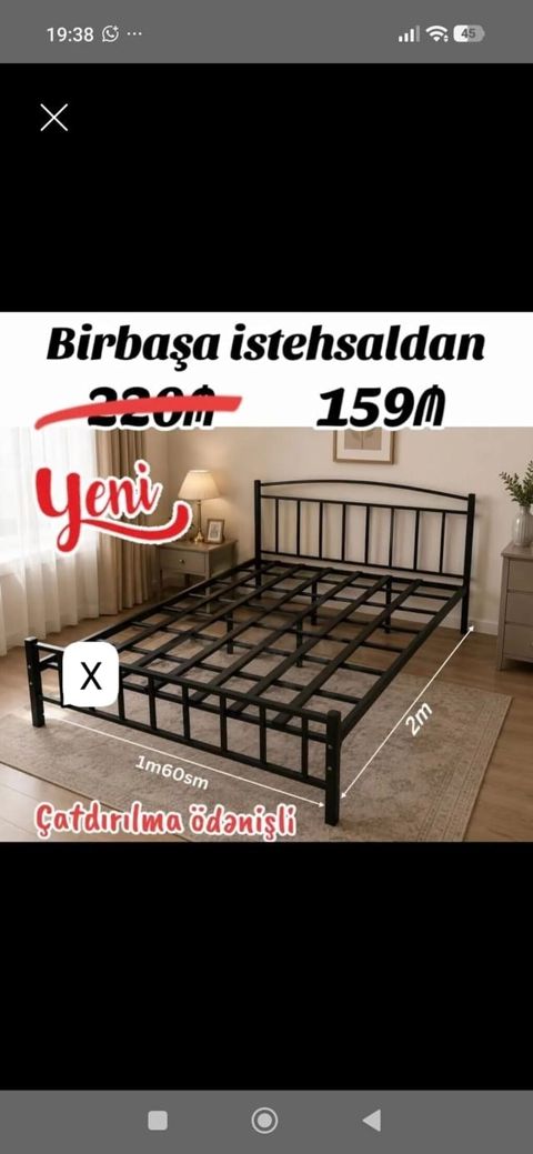 Metal çarpayı çərçivəsi - Ölçü: 160 x 200 sm - Material: qalın — Bakı