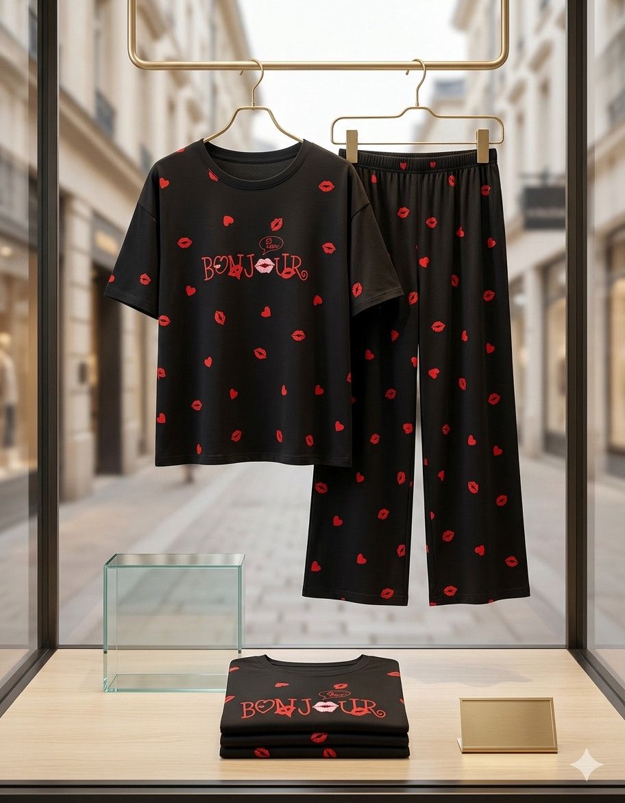 Qadınlar üçün şalvarlı pijama dəsti 1452, qara/qırmızı, pambıq, ölçü One Size — Mallar, Bakı (2)