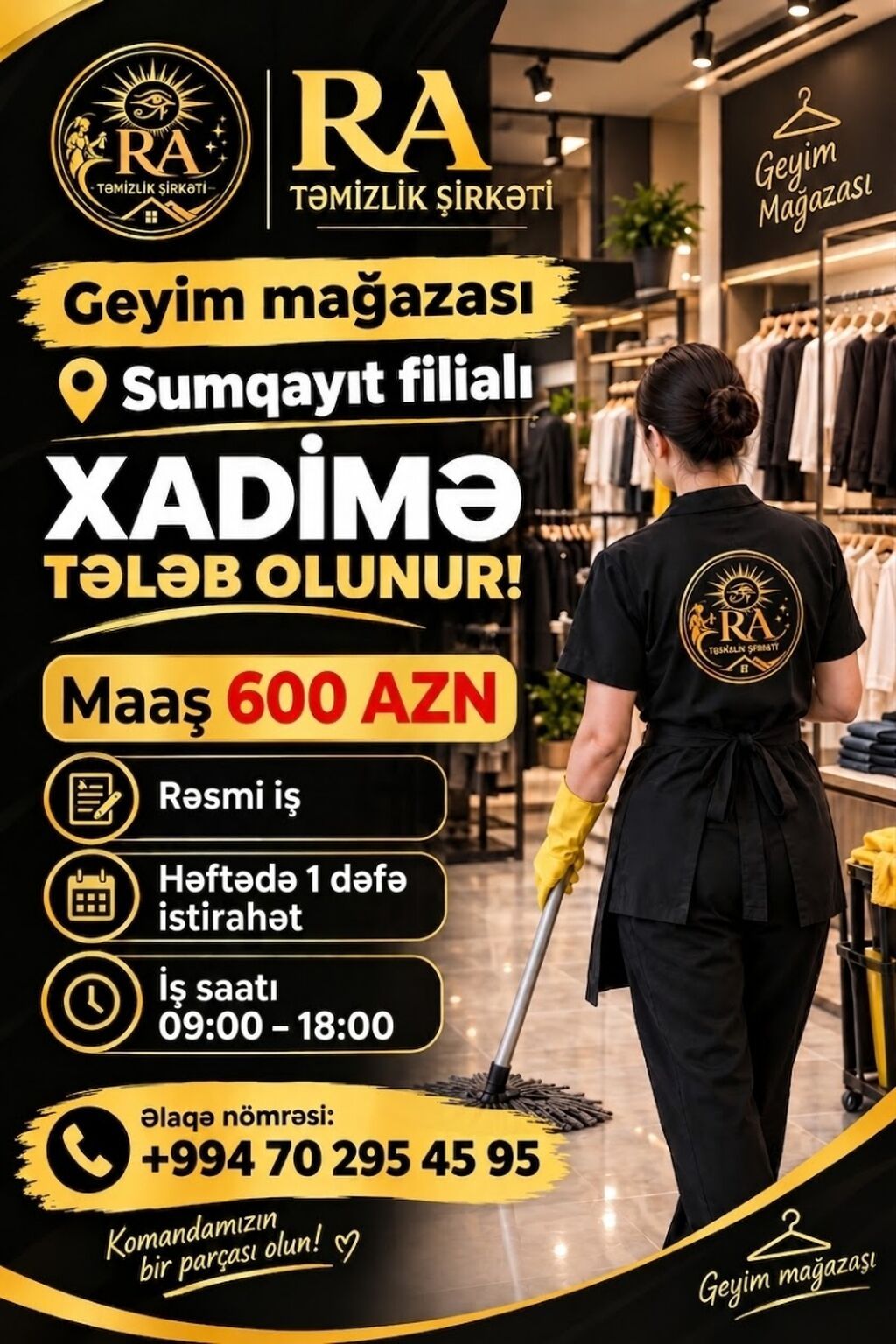 RA Təmizlik Şirkəti – Geyim mağazası üçün xadimə vakansiyası — Ev personali və təmizlik, Digah (3)