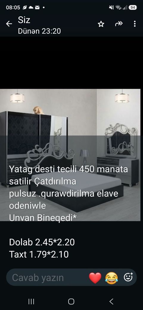 Yataq otağı dəsti Tərkibi: - Taxt (başlıqla) - Geniş sürgülü şkaf — Sumqayıt