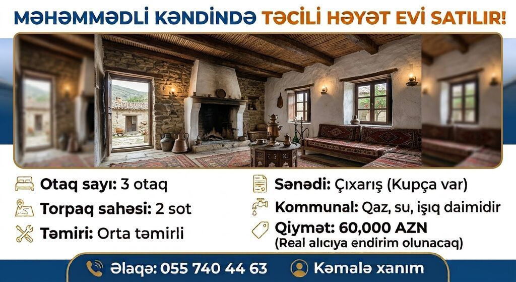 3 otaqlı, 200 kv. m, Kredit yoxdur, Orta təmir — Ev, villa, Yevlax (2)