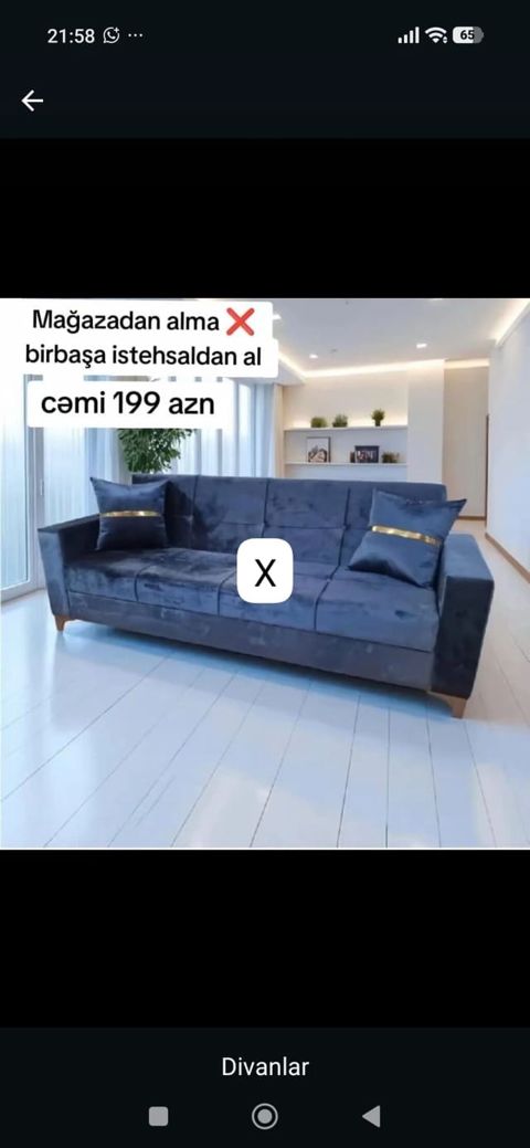 3 nəfərlik yumşaq divan - Rəng: tünd mavi (velur tipli parça) - Düz — Bakı