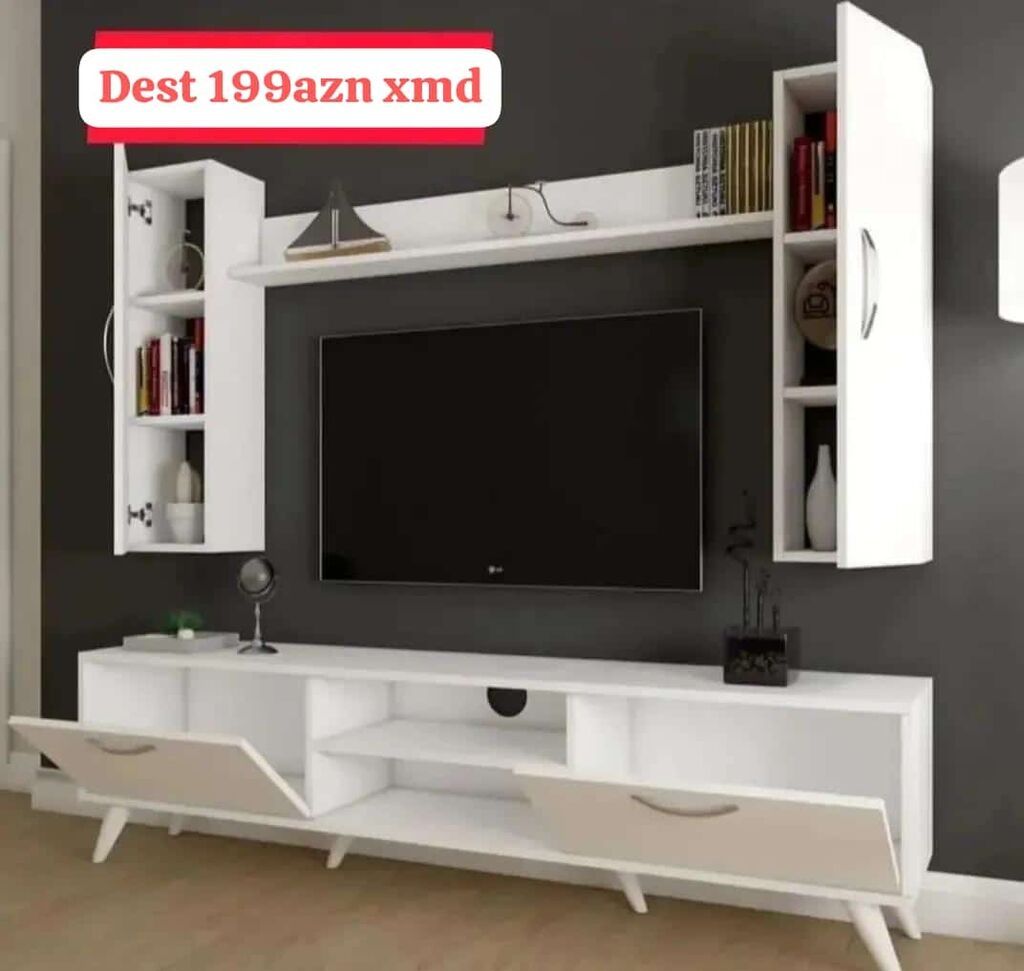 Ağ rəngdə müasir TV stend və divar asma modul dəsti. Xüsusiyyətlər — Televizor altlıqları və standlar, Bakı