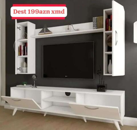 Ağ rəngdə müasir TV stend və divar asma modul dəsti. Xüsusiyyətlər — Bakı